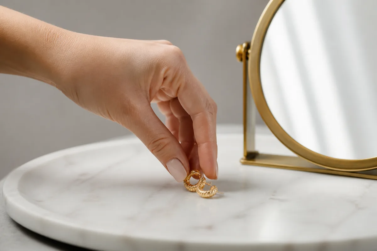 Plan rapproché sur une main déposant une paire de boucles d&rsquo;oreilles dorées près d&rsquo;un miroir de table