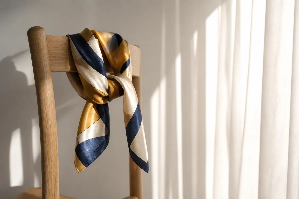 Foulard de soie imprimé posé en boucle sur un dossier de chaise en bois clair, lumière rasante du matin
