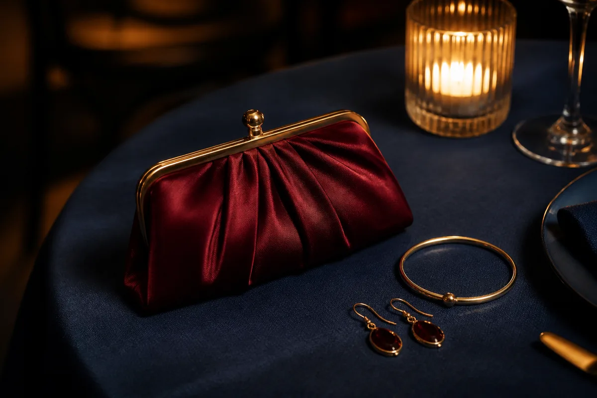 Pochette de soirée satinée et bracelet fin posés sur une nappe sombre, éclairage chaud de fin de journée