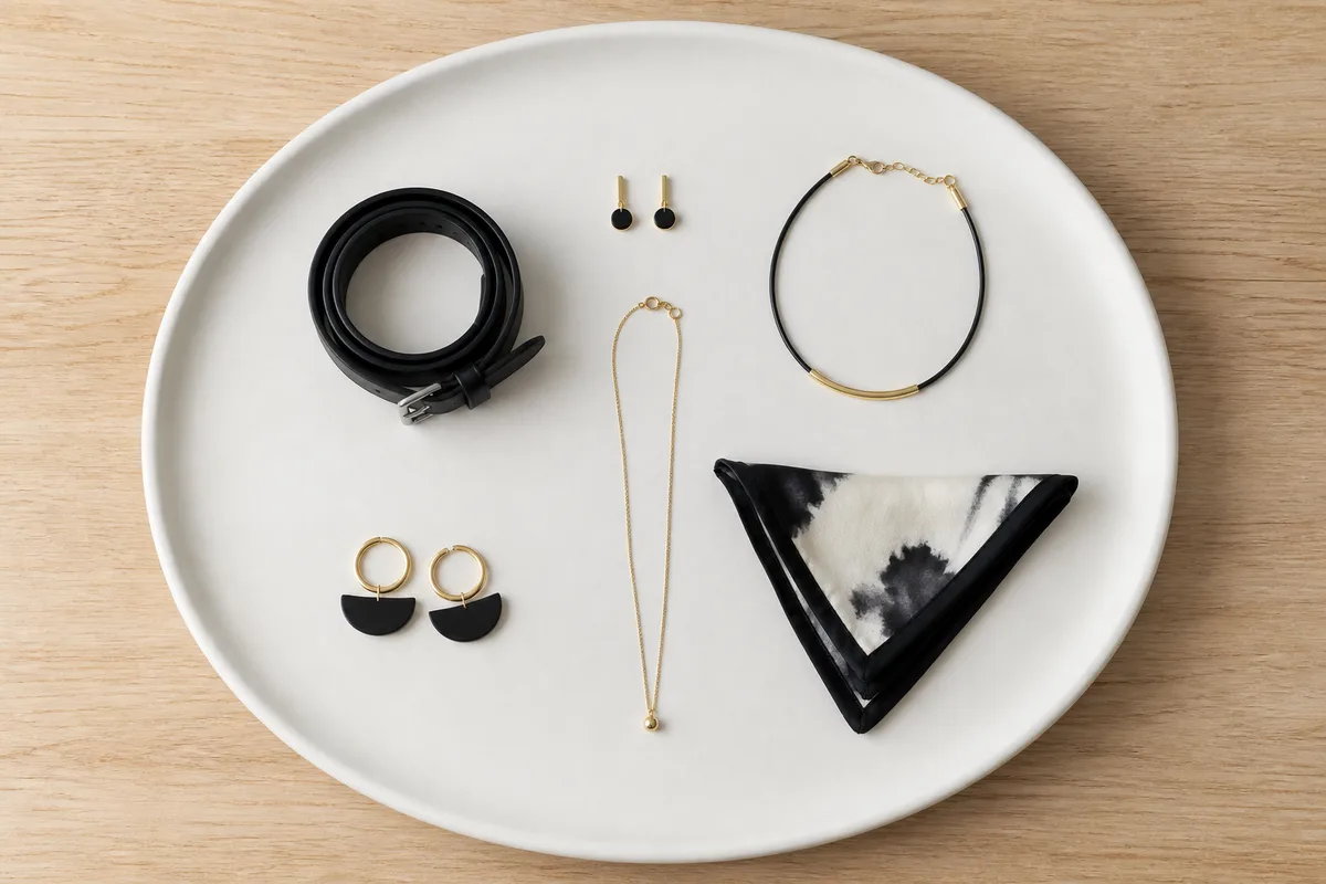 Petite sélection d&rsquo;accessoires disposée sur un plateau clair, ceinture roulée, boucles et bracelet fin vus de dessus