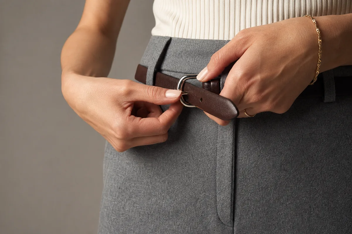 Ceinture en cuir bouclée à la taille sur un pantalon fluide, vue de trois quarts