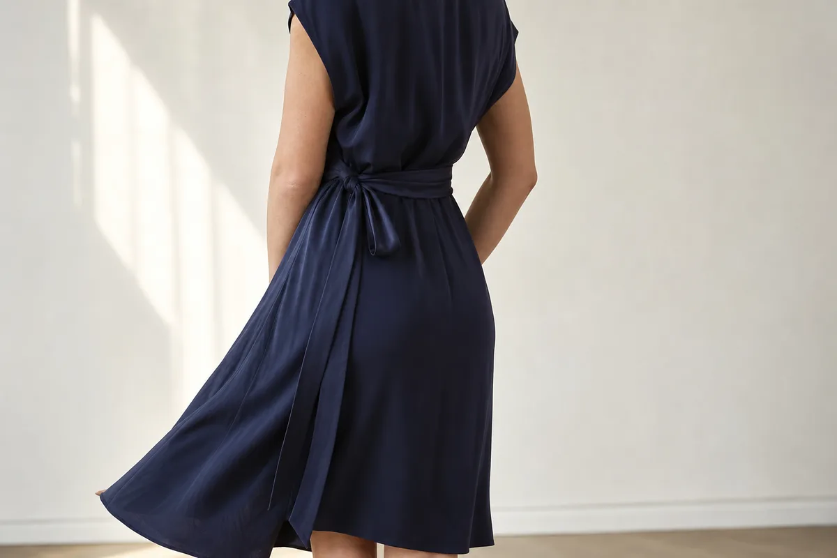 Ceinture en tissu nouée sur une robe fluide, pans retombant sur la hanche