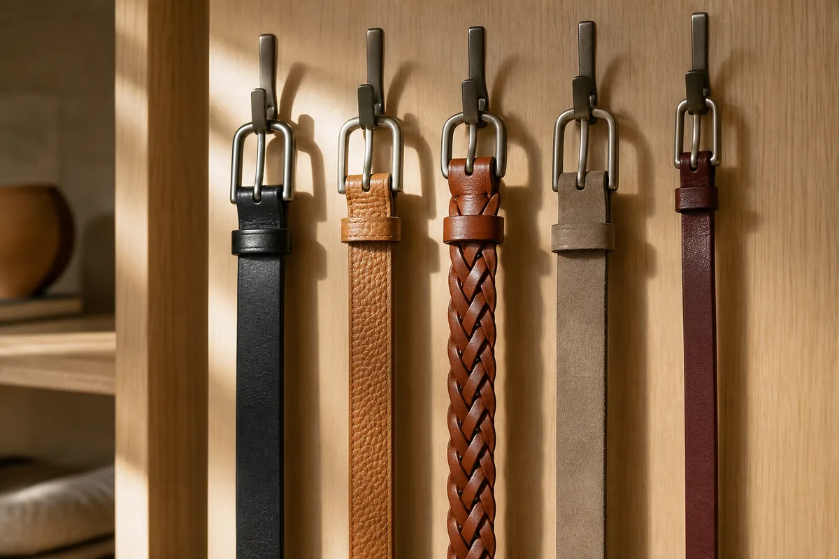 Ceintures en cuir suspendues côte à côte dans un dressing, lumière douce