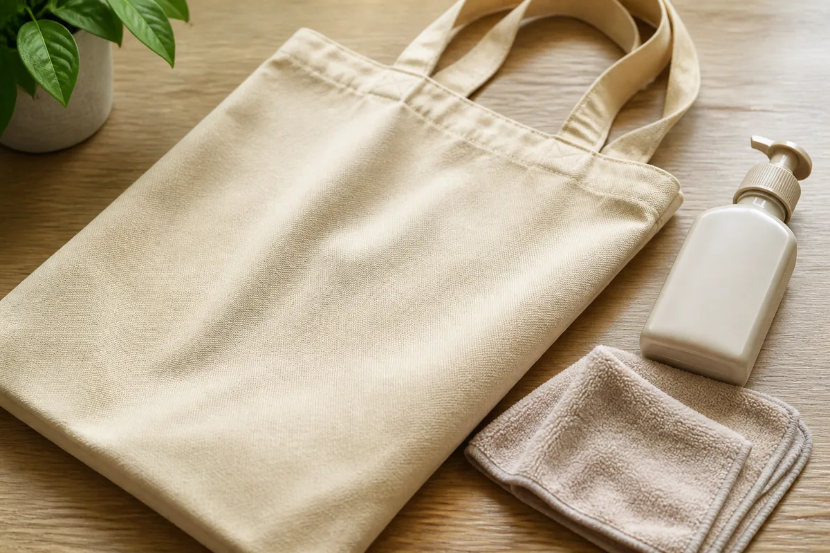 Chiffon microfibre et flacon de lait nourrissant posés à côté d&rsquo;un sac cabas en toile beige