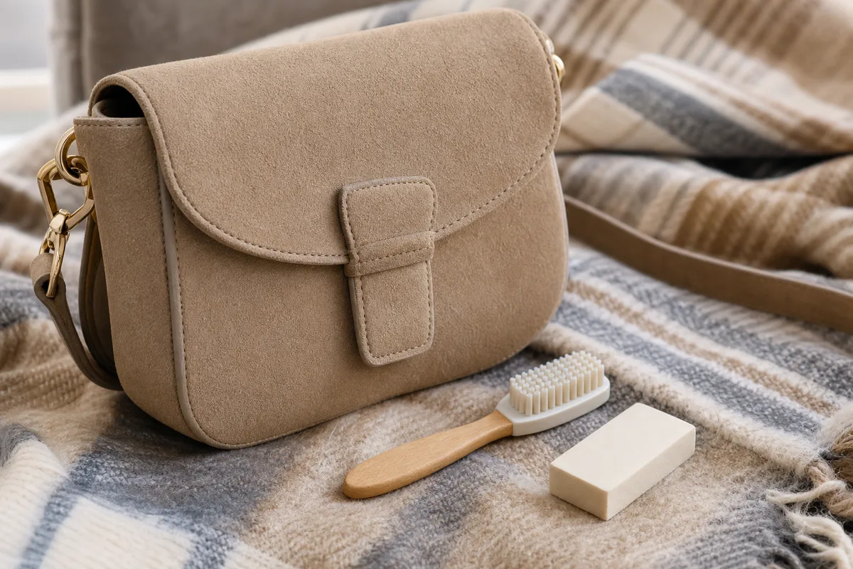 Brosse à daim et gomme spéciale posées sur un sac à main beige en suédine